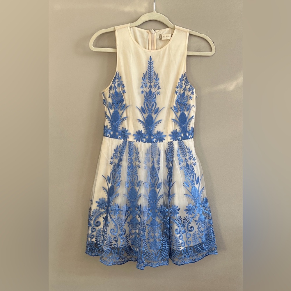 Altar’d State sleeveless cream blue embroidery overlay mini dress size small
